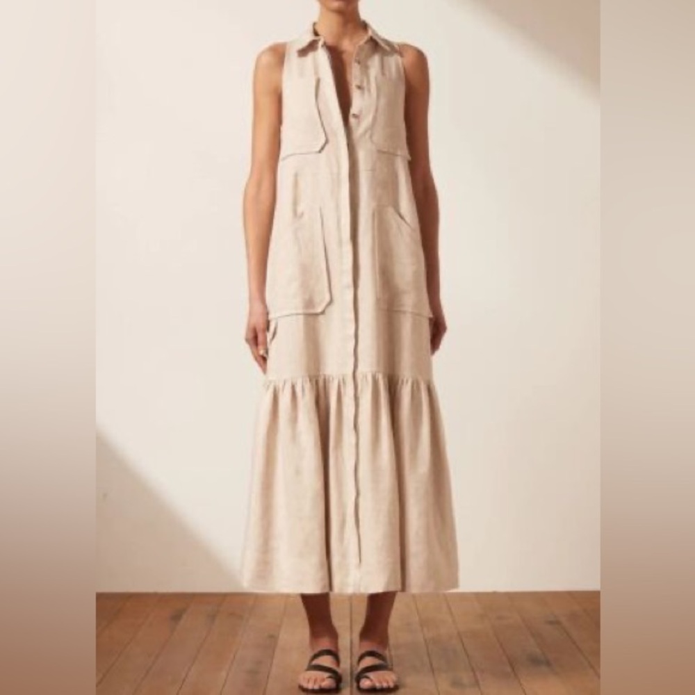 Shona Joy Beige Sleeveless Linen Dress